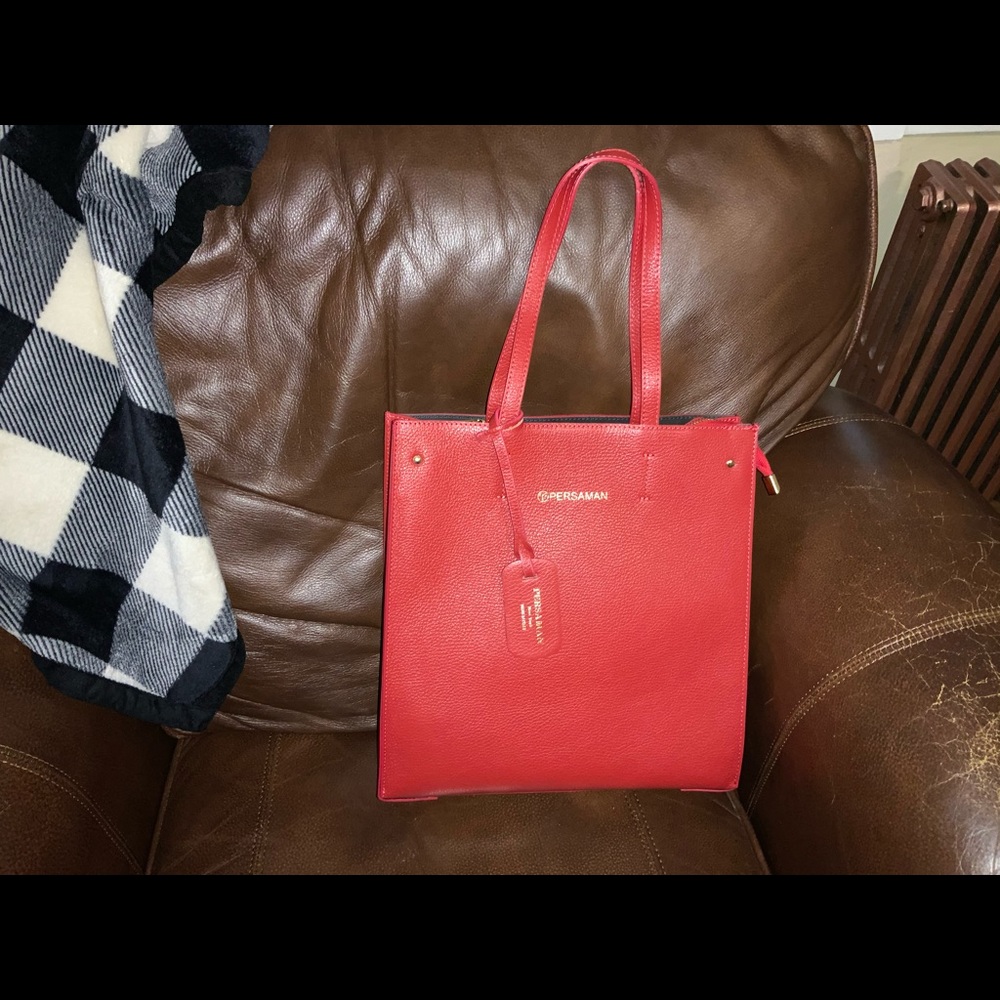 NEW PERSAMAN red Italian leather bag.  12 1/2in by 13in.